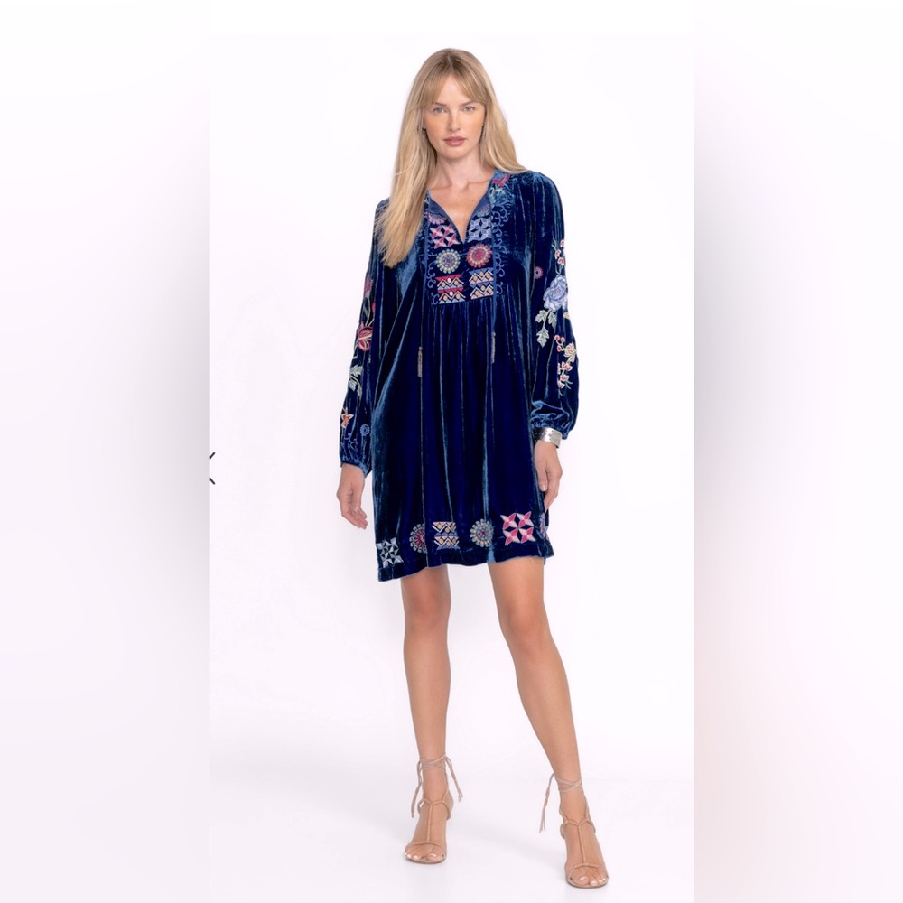 Embroidered Blue Velvet Dress